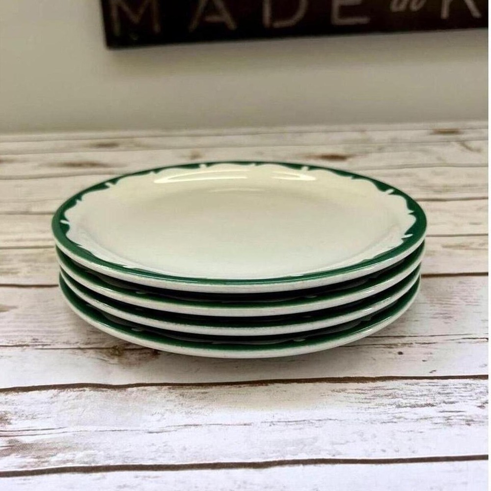 Shenango China Dinner Plates Green RimRol‎ WelRoc Set of 4 9.5in